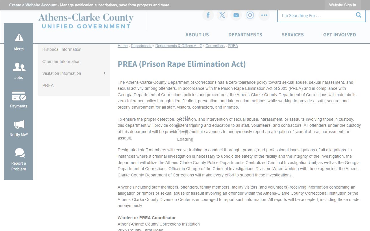 Athens-Clarke County Correctional Institution PREA information and population context