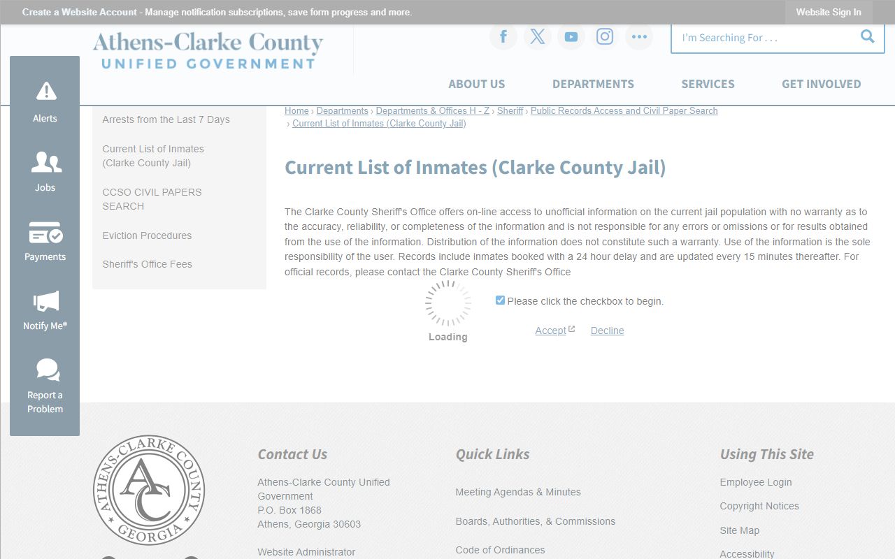 Clarke County current inmate list disclaimer for jail roster search