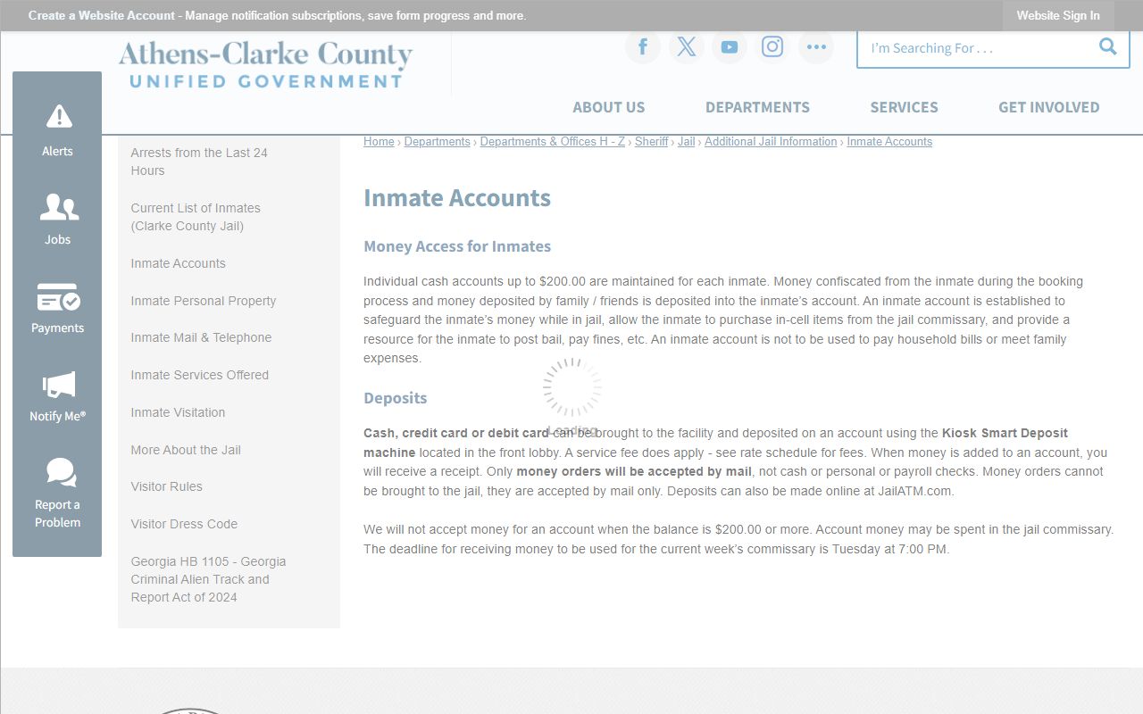 Athens-Clarke County Jail inmate account cap and commissary rules in Clarke County
