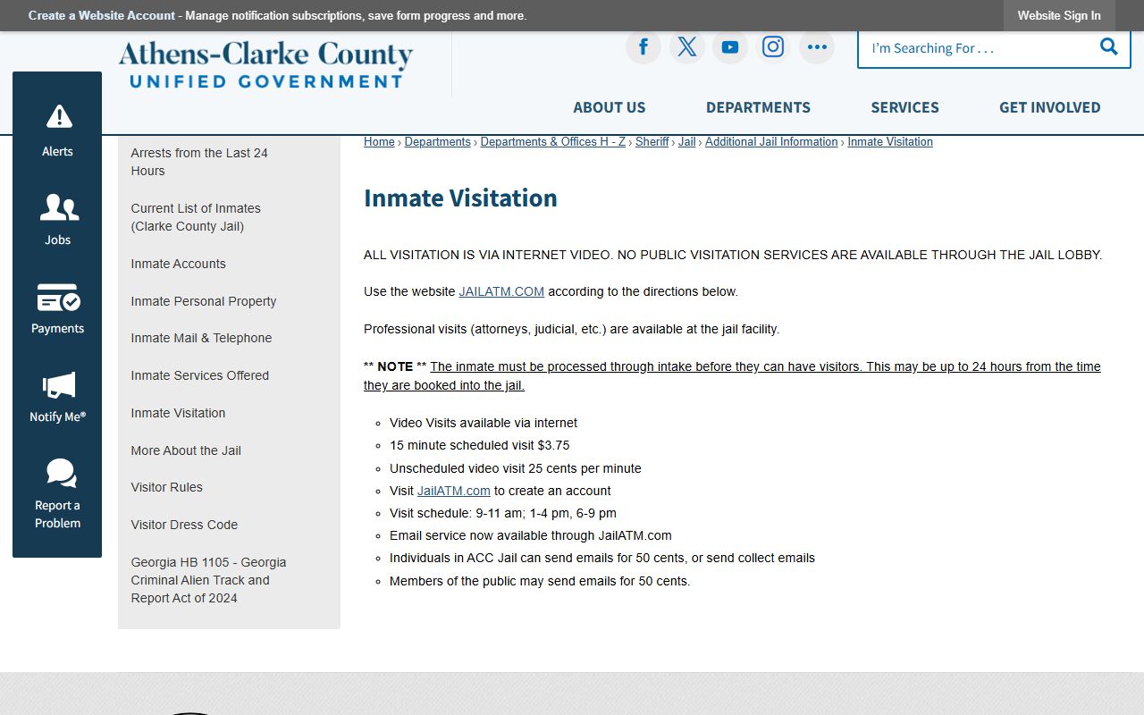 Athens-Clarke County Jail video visitation schedule and fees for Clarke County inmates